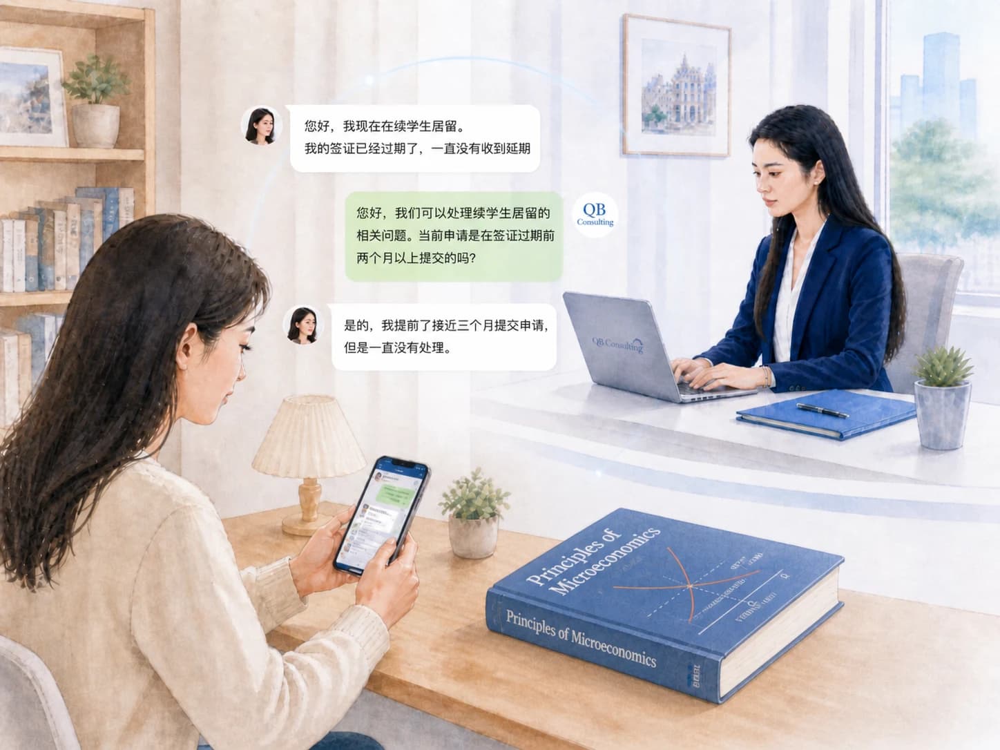 QB Consulting advisor confirms residence, visa and administrative questions with a client on WeChat