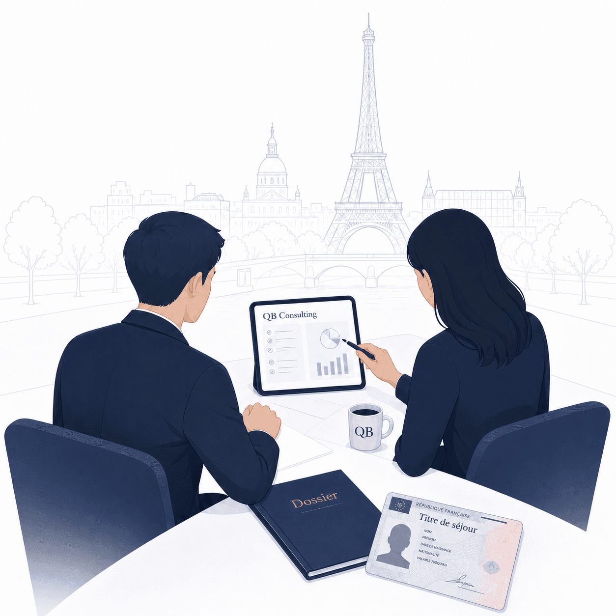 QB Consulting advisor discussing residence permits, APS / RECE and status transition in a Paris office
